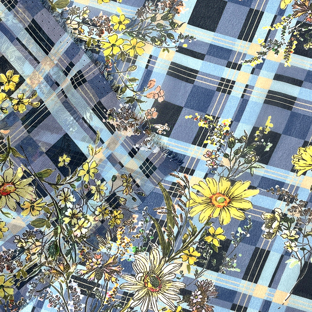 生地 【 75Dシフォン タータン花 ブルー系 】 花柄生地 シフォン生地 タータンチェック チェック柄 レトロフラワー