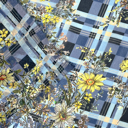 生地 【 75Dシフォン タータン花 ブルー系 】 花柄生地 シフォン生地 タータンチェック チェック柄 レトロフラワー