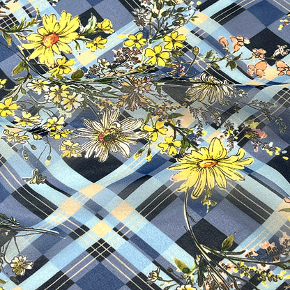 生地 【 75Dシフォン タータン花 ブルー系 】 花柄生地 シフォン生地 タータンチェック チェック柄 レトロフラワー