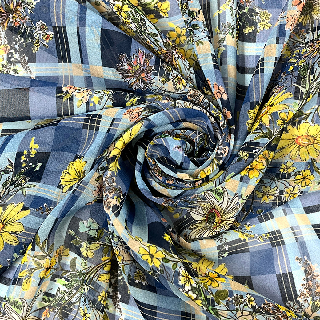 生地 【 75Dシフォン タータン花 ブルー系 】 花柄生地 シフォン生地 タータンチェック チェック柄 レトロフラワー