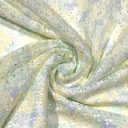 生地 【 水彩プリントラッセルレース 薄黄青 】 レース レース生地 花柄レース 刺繍 レース刺繍 110cm巾 ポリエステル