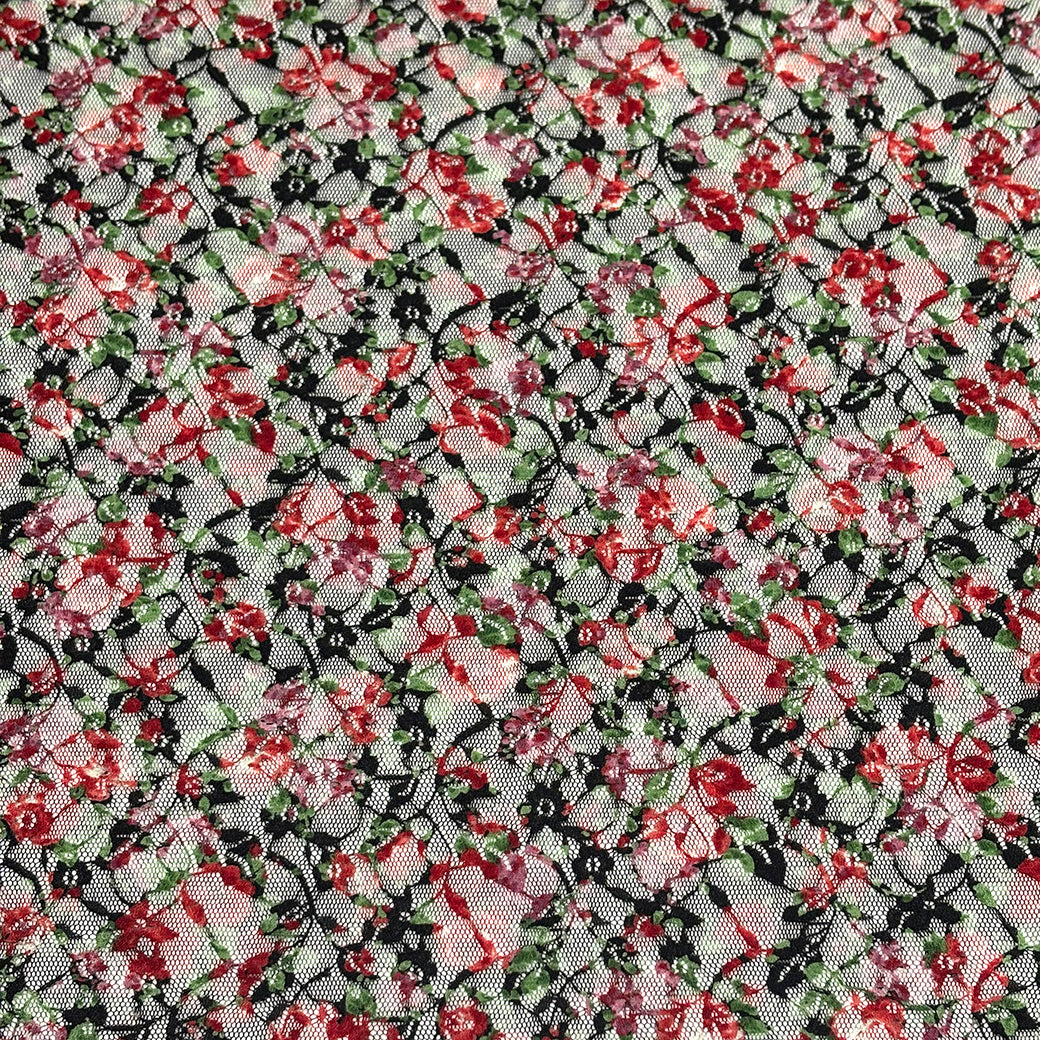 生地 【 花柄ラッセルレース 黒赤緑】 レース レース生地 花柄レース 刺繍 レース刺繍 108cm巾 ポリエステル ラッセル編