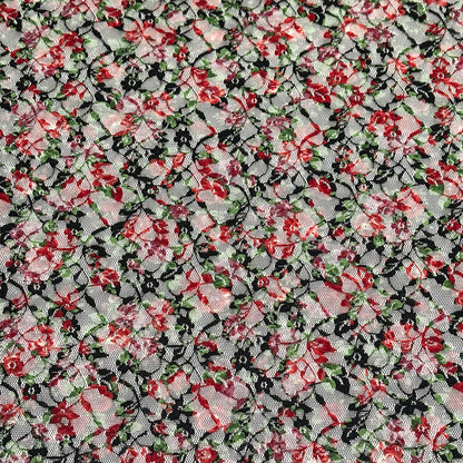 生地 【 花柄ラッセルレース 黒赤緑】 レース レース生地 花柄レース 刺繍 レース刺繍 108cm巾 ポリエステル ラッセル編