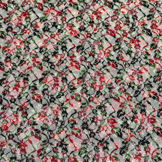 生地 【 花柄ラッセルレース 黒赤緑】 レース レース生地 花柄レース 刺繍 レース刺繍 108cm巾 ポリエステル ラッセル編
