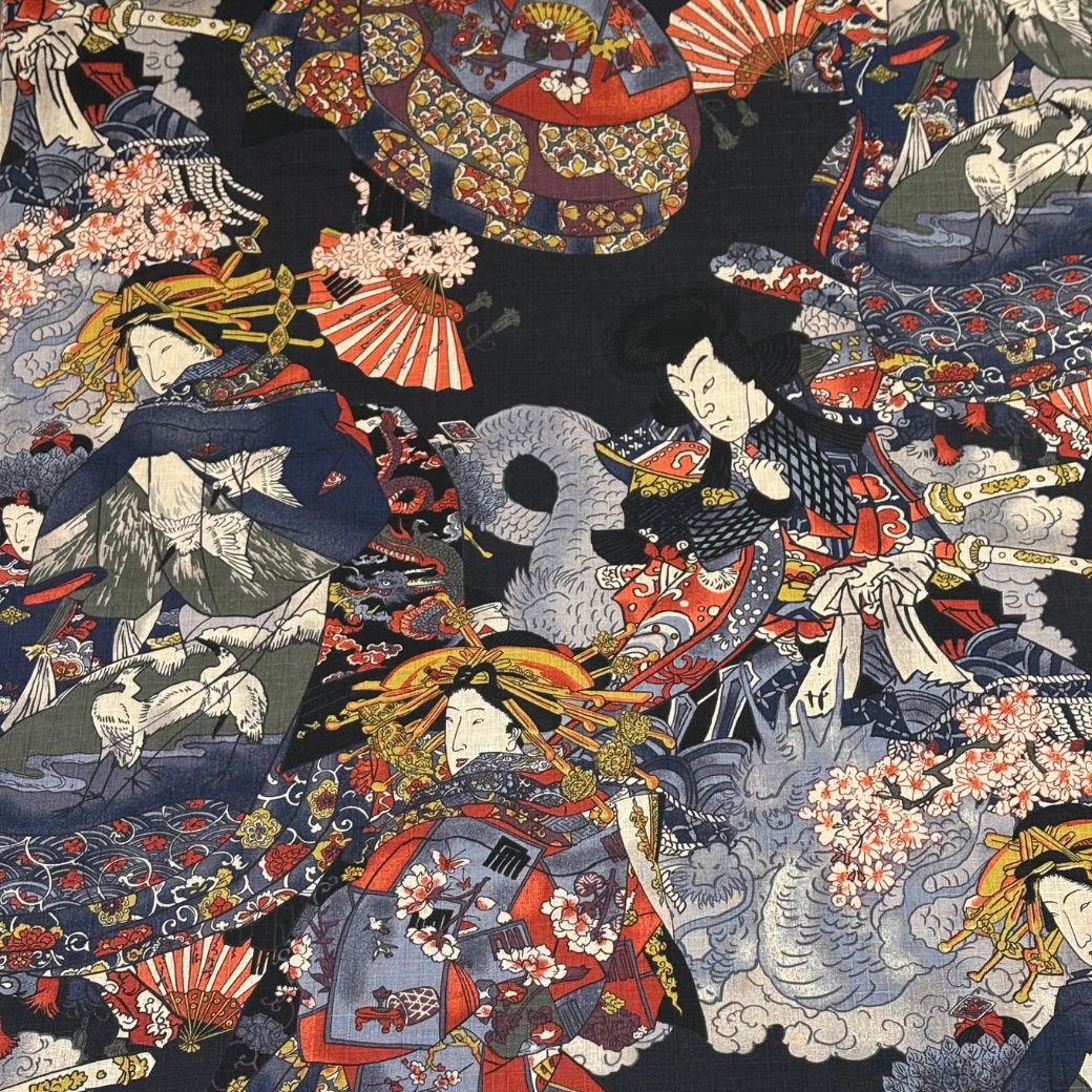生地 【 和柄ドビー 浮世絵 黒】 ドビー織り 110cm巾 綿 コットン100％