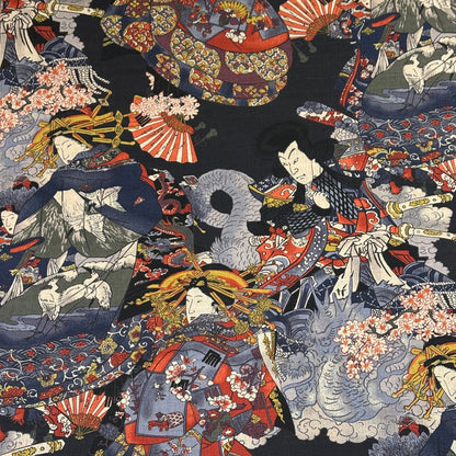 生地 【 和柄ドビー 浮世絵 黒】 ドビー織り 110cm巾 綿 コットン100％