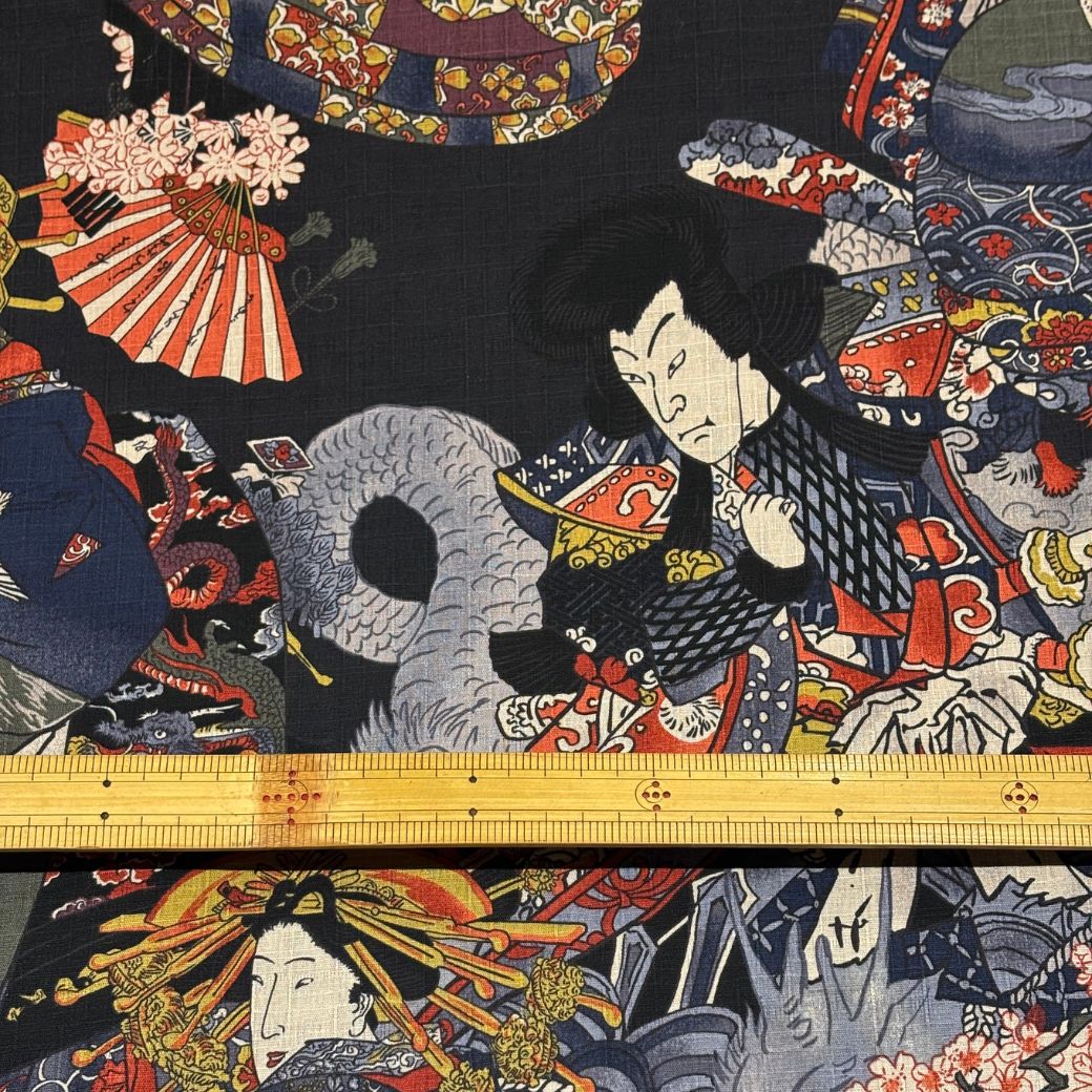生地 【 和柄ドビー 浮世絵 黒】 ドビー織り 110cm巾 綿 コットン100％