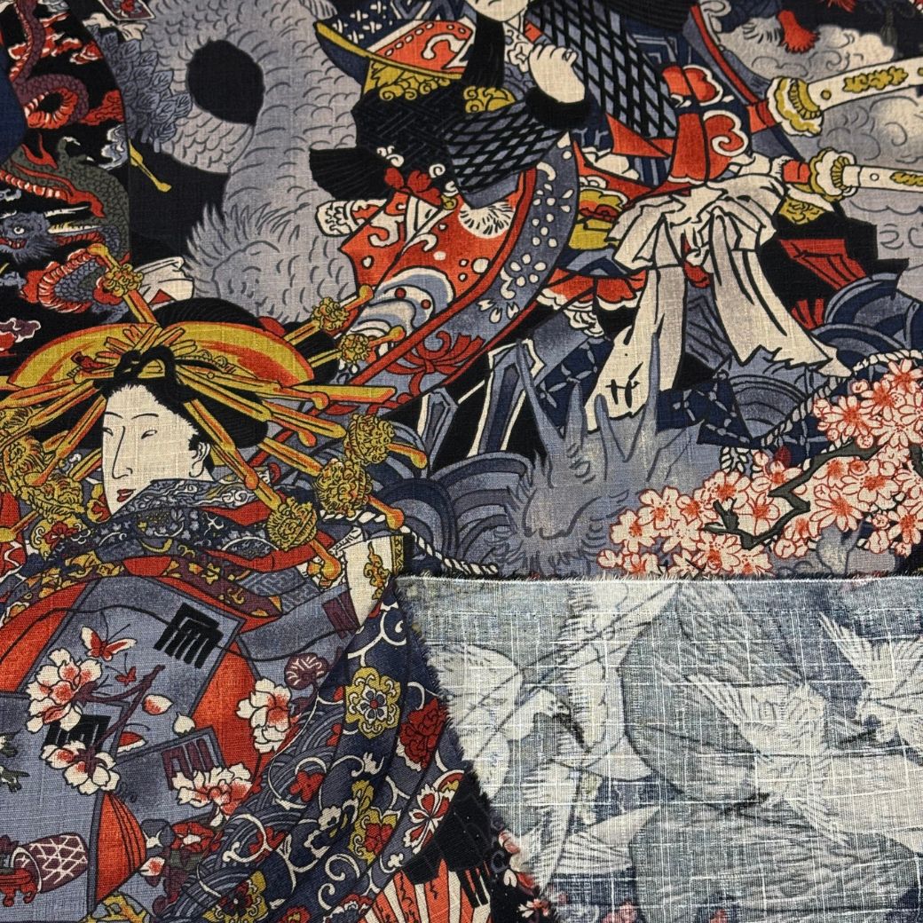 生地 【 和柄ドビー 浮世絵 黒】 ドビー織り 110cm巾 綿 コットン100％