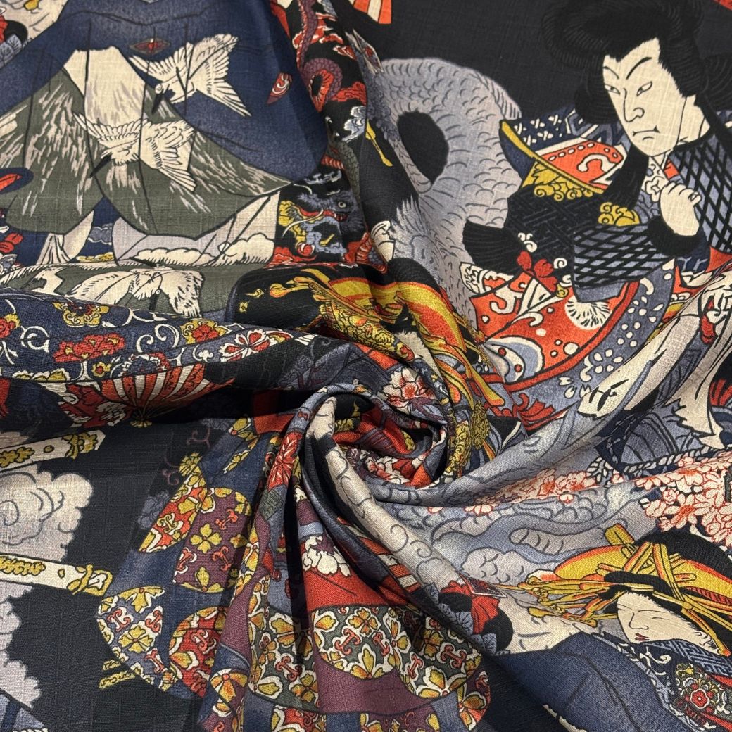 生地 【 和柄ドビー 浮世絵 黒】 ドビー織り 110cm巾 綿 コットン100％