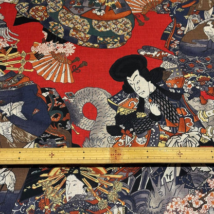 生地 【 和柄ドビー 浮世絵 赤 】 ドビー織り 110cm巾 綿 コットン100％ 甚平 浴衣 ゆかた じんべえ
