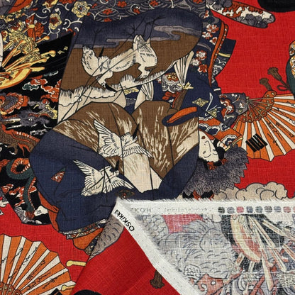 生地 【 和柄ドビー 浮世絵 赤 】 ドビー織り 110cm巾 綿 コットン100％ 甚平 浴衣 ゆかた じんべえ