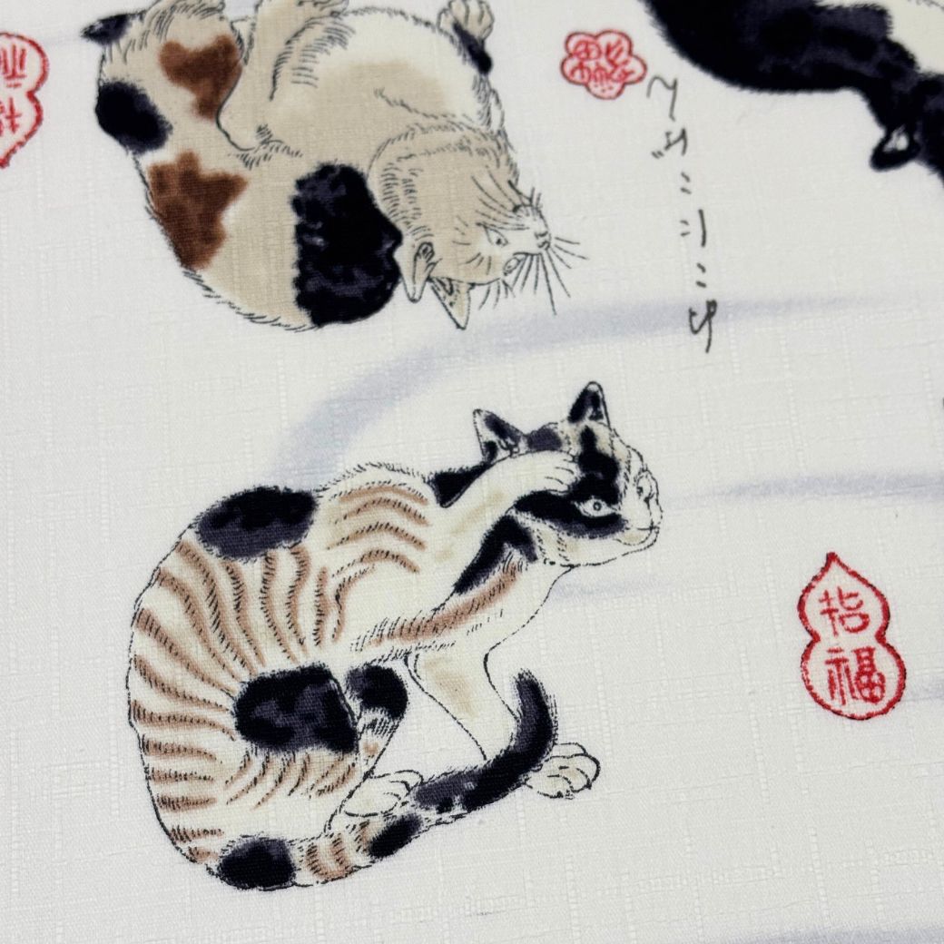 生地 【 和柄ドビー 猫 白】 ドビー織り 110cm巾 綿 コットン100％ 甚平 浴衣 ゆかた じんべえ