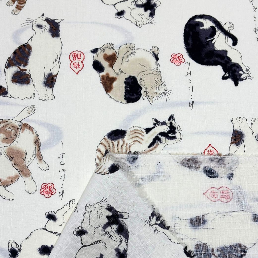 生地 【 和柄ドビー 猫 白】 ドビー織り 110cm巾 綿 コットン100％ 甚平 浴衣 ゆかた じんべえ