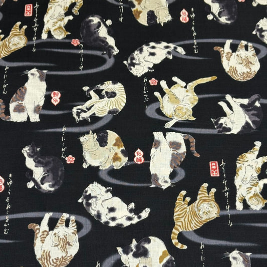 生地 【 和柄ドビー 猫 黒】 ドビー織り 110cm巾 綿 コットン100％