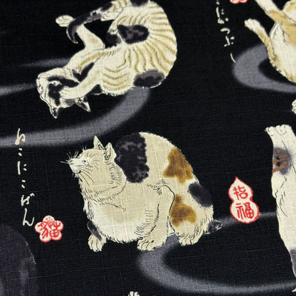 生地 【 和柄ドビー 猫 黒】 ドビー織り 110cm巾 綿 コットン100％ 甚平 浴衣 ゆかた じんべえ