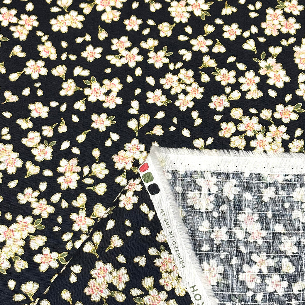 生地 【 和柄ドビー 桜 黒】 ドビー織り 112cm巾 綿 コットン100％