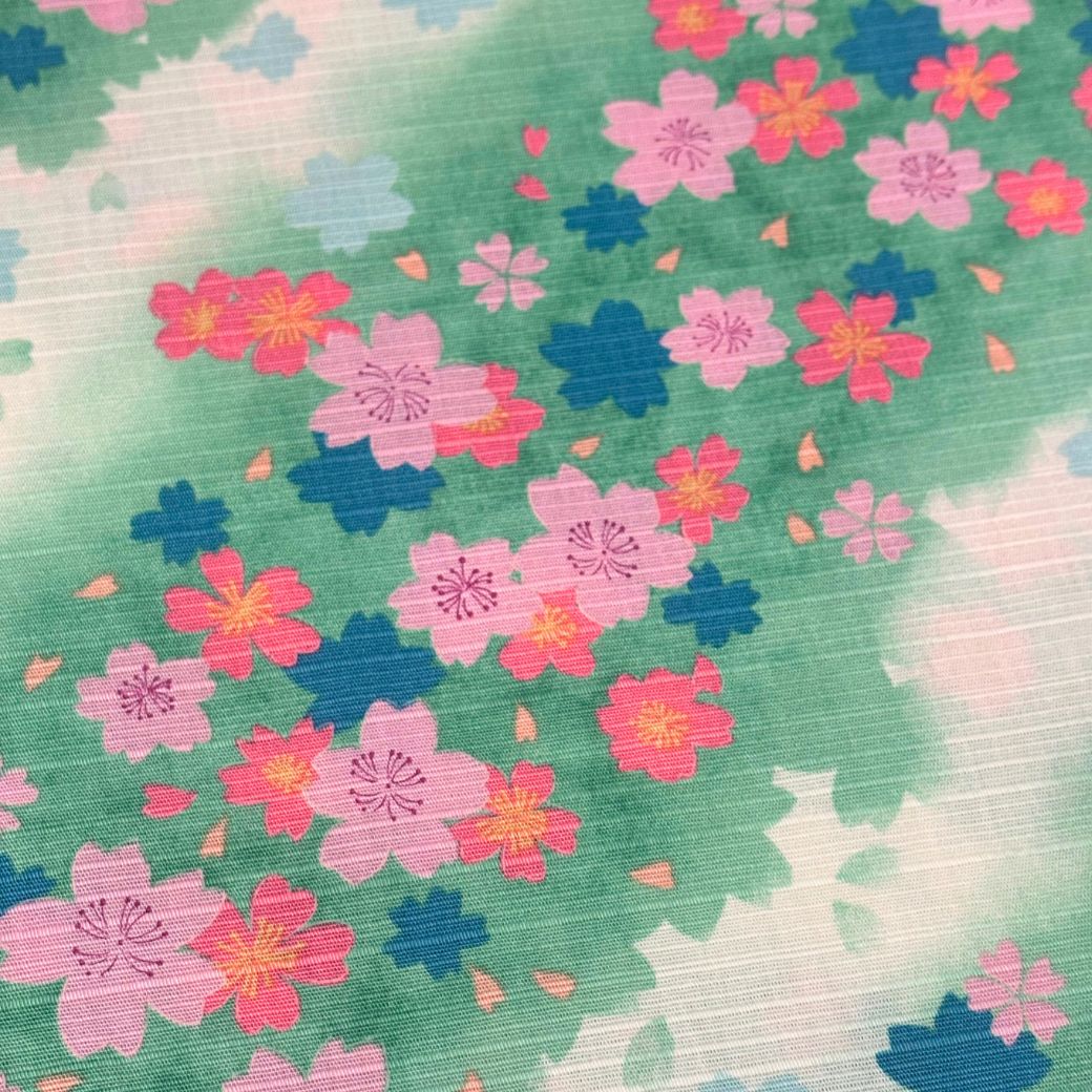 生地 【 和柄シャンタン さくら 緑 】 シャンタン生地 平織り スラブ 110cm巾 和柄 桜 梅 花柄 和風 綿100％