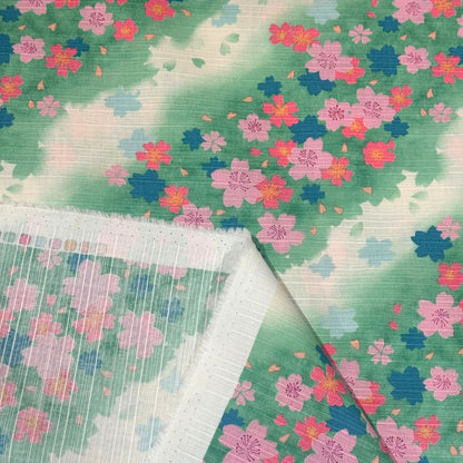生地 【 和柄シャンタン さくら 緑 】 シャンタン生地 平織り スラブ 110cm巾 和柄 桜 梅 花柄 和風 綿100％