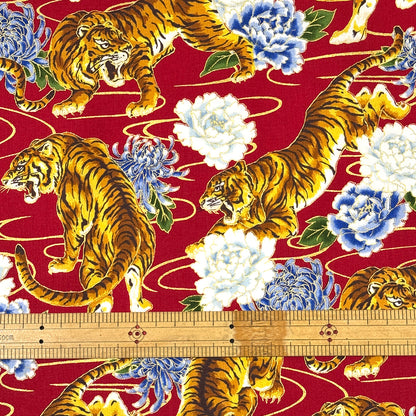 生地 【 和柄シーチング 虎と花 赤】和柄生地 巾110cm 綿100％ プリント生地 和風 和モダン 日本柄 虎柄 花柄