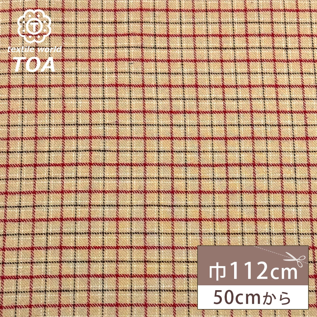 生地 【 ネル チェック ベージュ赤 】 112cm巾 綿100％ フランネル チェック 起毛