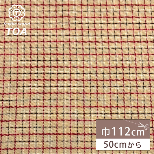 生地 【 ネル チェック ベージュ赤 】 112cm巾 綿100％ フランネル チェック 起毛
