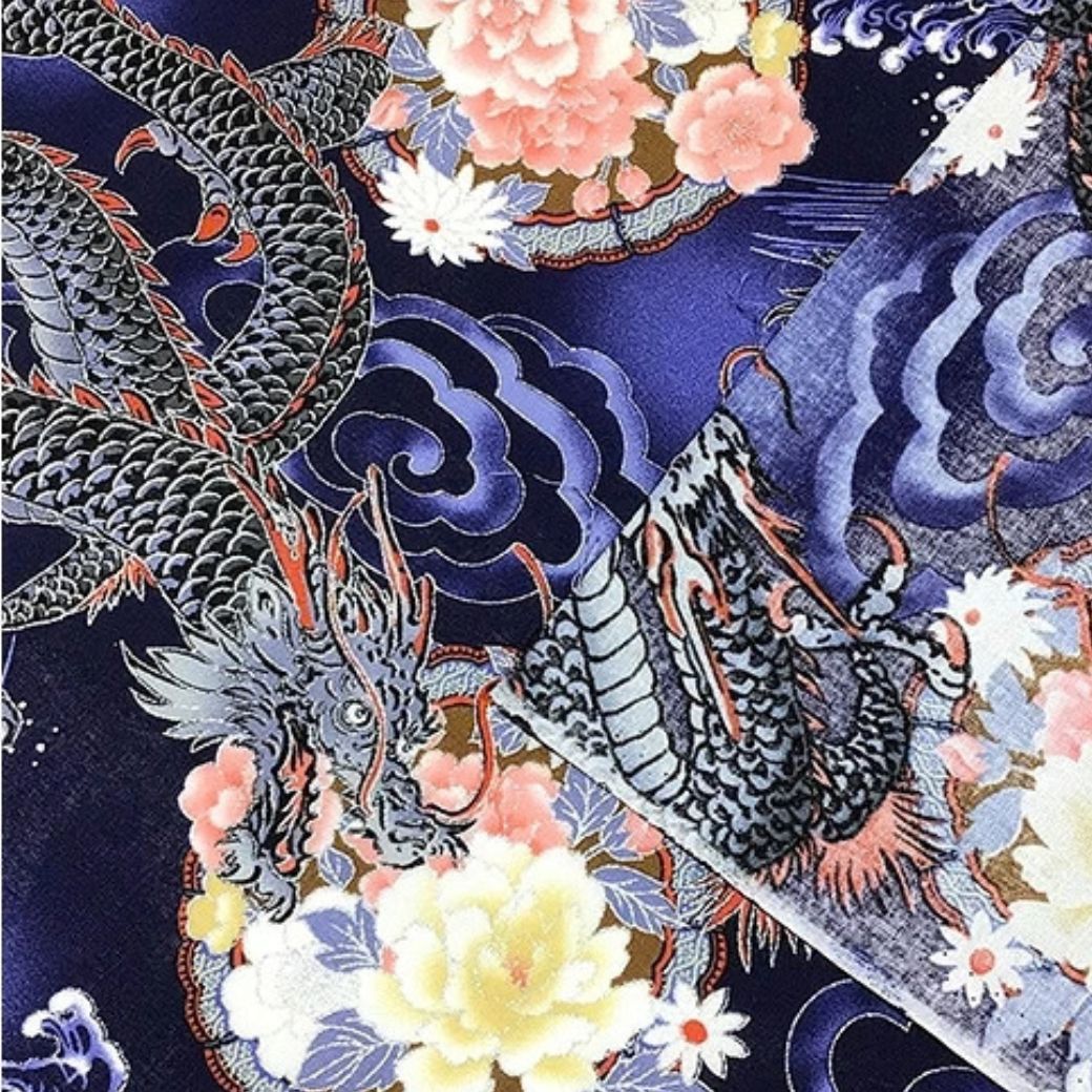生地【和柄　京彩華　龍　2A青】 京彩華 和柄生地 綿100％ スケア生地 プリント生地 和風 和モダン 日本柄 龍柄