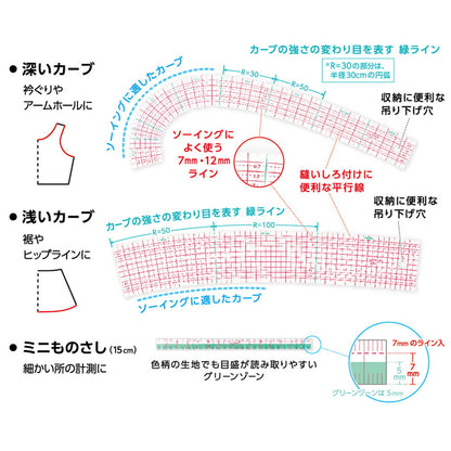 【 クロバー カーブ定規 ミニものさし付き 25-051 】カーブ定規 曲線定規 ものさし カーブものさし ３点セット 定規 線引き clover 型紙 補正 製図 ぬいしろ付け 目盛 衿ぐり アームホール ヒップライン 採寸