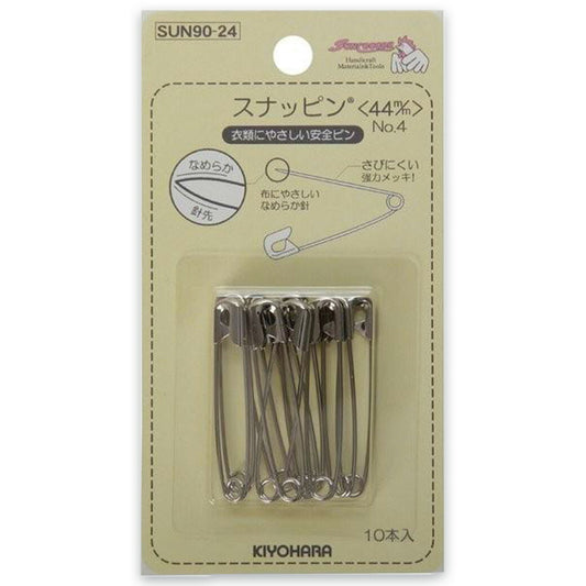 清原 【 サンコッコー スナッピン 44mm 10本入 SUN90-24 】裁縫道具 安全ピン スナッピン 錆びにくい ステンレス 傷めない 布 ブローチ 名札 なふだ 名前ピン コサージュ 入園 入学 入園式 卒園式 フォー