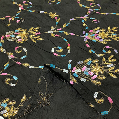 生地 【 シルク スパンコール ブラック 】 インドシルク 正絹 本絹 シルク生地 花柄 刺しゅう 刺繍生地 スパンコール キラキラ 民族衣装 サリー エスニック ベリーダンス アラブ衣装 伝統衣装 チョリ チュニック パンジャビ ダンス衣装 舞台衣装 Textile World TOA