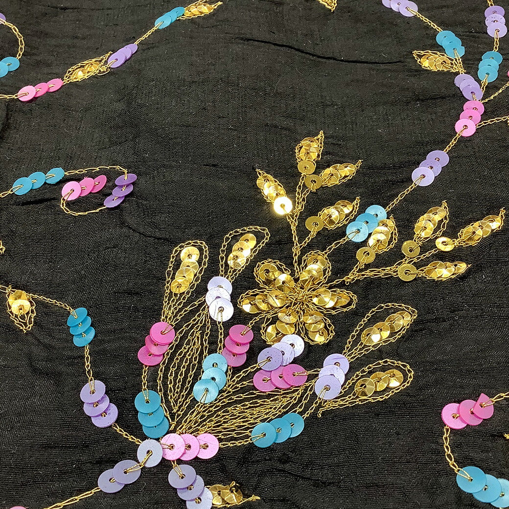 生地 【 シルク スパンコール ブラック 】 インドシルク 正絹 本絹 シルク生地 花柄 刺しゅう 刺繍生地 スパンコール キラキラ 民族衣装 サリー エスニック ベリーダンス アラブ衣装 伝統衣装 チョリ チュニック パンジャビ ダンス衣装 舞台衣装 Textile World TOA