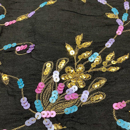 生地 【 シルク スパンコール ブラック 】 インドシルク 正絹 本絹 シルク生地 花柄 刺しゅう 刺繍生地 スパンコール キラキラ 民族衣装 サリー エスニック ベリーダンス アラブ衣装 伝統衣装 チョリ チュニック パンジャビ ダンス衣装 舞台衣装 Textile World TOA