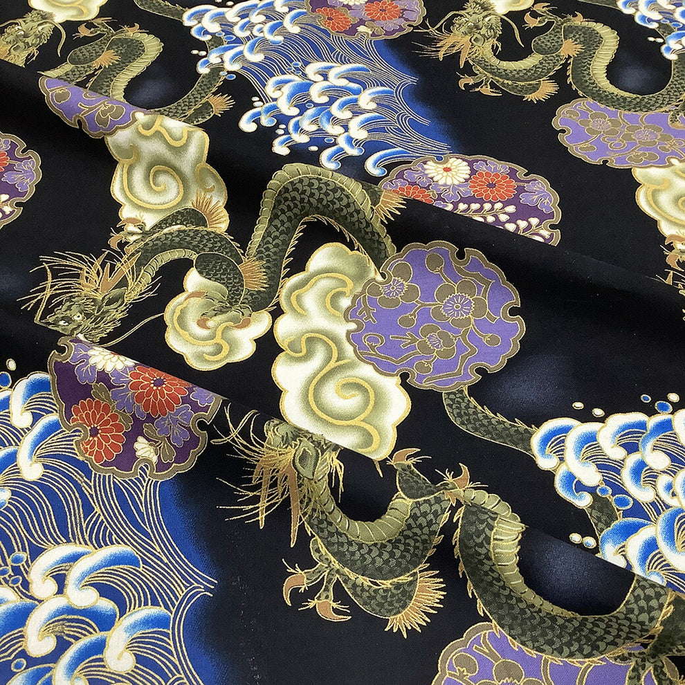 生地 【 和柄プリント 龍 ブラック 】 昇龍 龍神112cm巾 綿100% – TEXTILE WORLD TOA