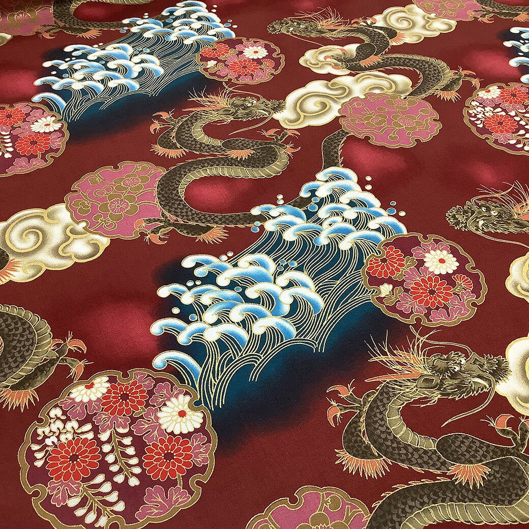 生地 【 和柄プリント 龍 エンジ 】 昇龍 龍神 112cm巾 綿100