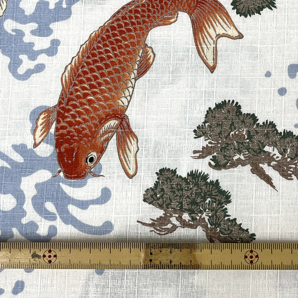 生地 【 和柄ドビー 鯉と盆栽 白 】 112cm巾 綿100％ 和柄生地