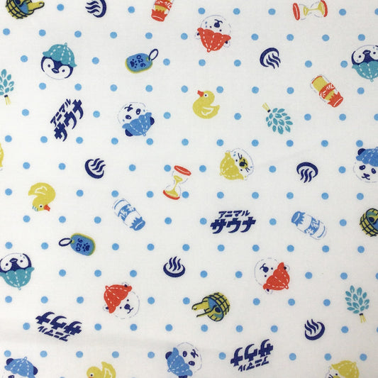 生地 【 アニマルサウナ 白】 シーチング生地 ドット 水玉 パンダ シロクマ ペンギン お風呂 110cm巾 綿100％ コットン 薄手 Textile World TOA