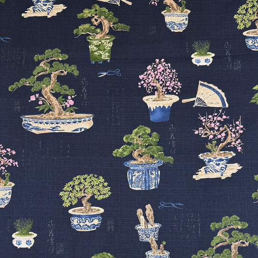 生地 【 和柄ドビー 盆栽 濃紺 】 110cm巾 綿100％ 和柄生地 盆栽 松の木 和雑貨生地 コットン生地 コットンドビー