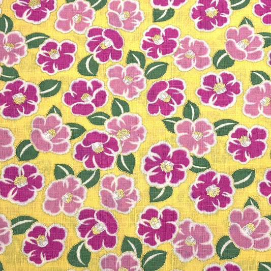 生地 【 ドビー織 椿 イエロー 】 ドビー サザンクロス 110cm巾 綿 コットン100％ 浴衣生地