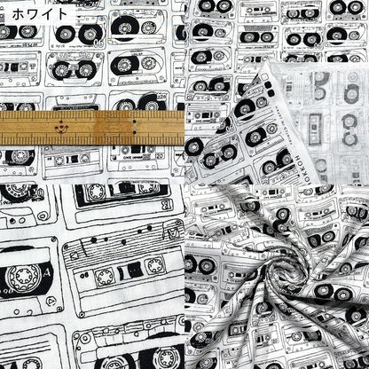 生地 【 ブロード カセットテープ 3色 】 ブロード生地 110cm巾 綿 コットン100％ カセットテープ柄 手描き風 レトロ プリント シャツ ブラウス ワンピース スカート パンツ インテリア クッションカバー 洋服 バッグ 巾着 Textile World TOA