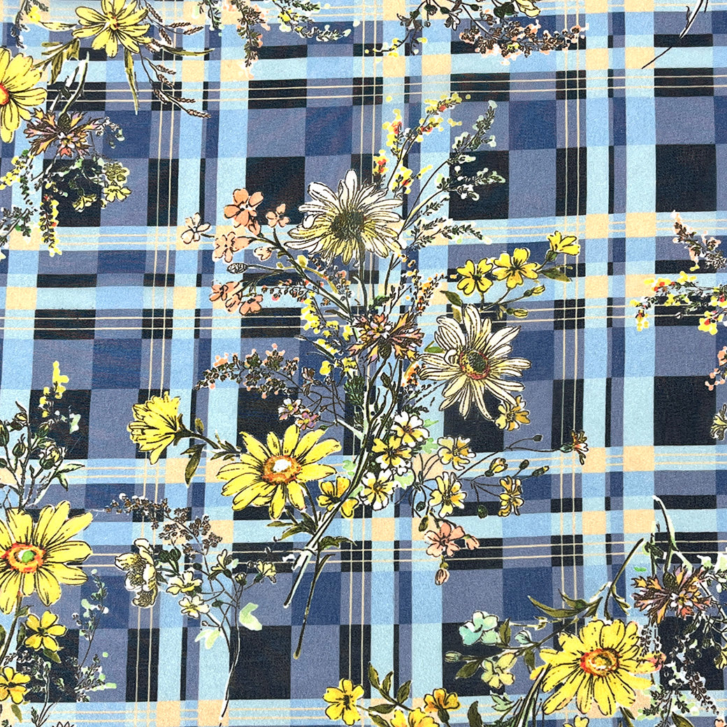 生地 【 75Dシフォン タータン花 ブルー系 】 花柄生地 シフォン生地 タータンチェック チェック柄 レトロフラワー