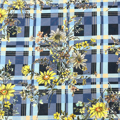 生地 【 75Dシフォン タータン花 ブルー系 】 花柄生地 シフォン生地 タータンチェック チェック柄 レトロフラワー