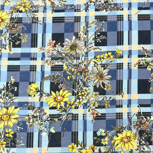 生地 【 75Dシフォン タータン花 ブルー系 】 花柄生地 シフォン生地 タータンチェック チェック柄 レトロフラワー