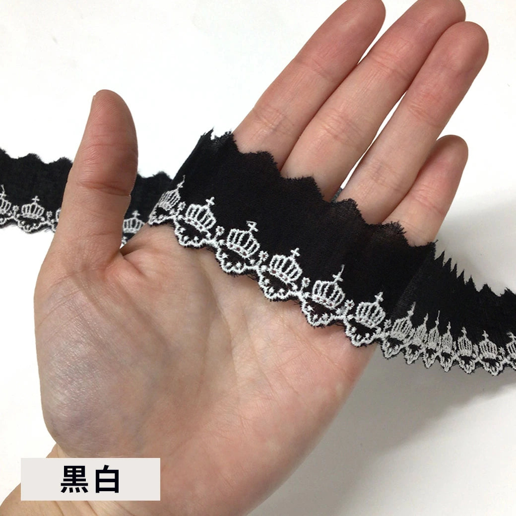 リボン 【 コットンエンブロイダリ—レース CL-1349  黒白】 クラウン 王冠 30mm レースリボン 刺繍リボン レース刺繍