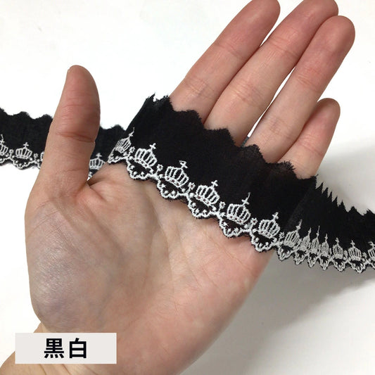 リボン 【 コットンエンブロイダリ—レース CL-1349  黒白】 クラウン 王冠 30mm レースリボン 刺繍リボン レース刺繍