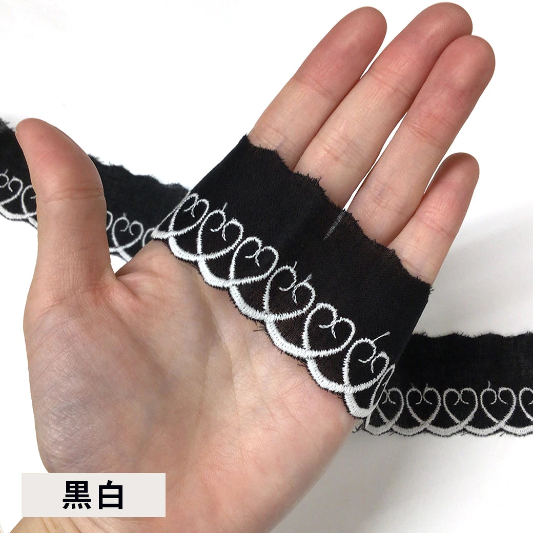 リボン 【 コットンエンブロイダリ—レース CL-1353 黒白 】 ハート 35mm レースリボン 刺繍リボン レース刺繍