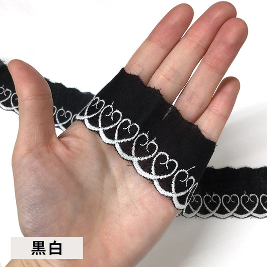 リボン 【 コットンエンブロイダリ—レース CL-1353 黒白 】 ハート 35mm レースリボン 刺繍リボン レース刺繍