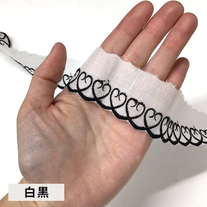 リボン 【 コットンエンブロイダリ—レース CL-1353 白黒 】 ハート 35mm レースリボン 刺繍リボン レース刺繍