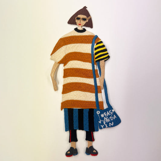 ワッペン【 でかねえさん  ボーダー 29cm 】 刺繍ワッペン 大きい お姉さん でかい 女の子 韓国風ワッペン アップリケ