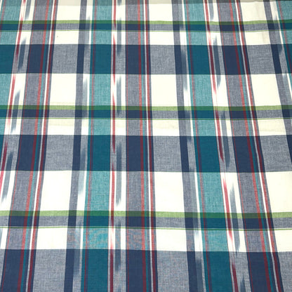 生地 【 インド綿マドラスチェック イカットターコイズ×ネイビー 】 108cm巾 綿100％ ikat チェック生地 コットンチェック 先染め