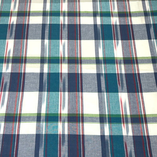 生地 【 インド綿マドラスチェック イカットターコイズ×ネイビー 】 108cm巾 綿100％ ikat チェック生地 コットンチェック 先染め