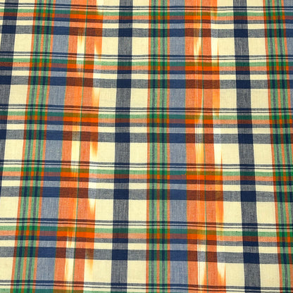 生地 【 インド綿マドラスチェック イカット オレンジ×グリーン 】 108cm巾 綿100％ ikat チェック生地 コットンチェック 先染め